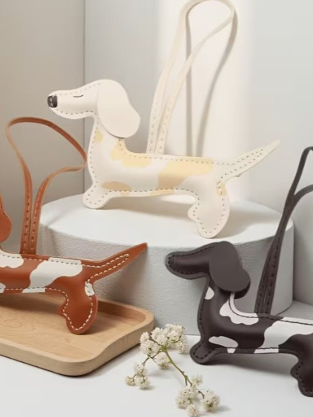 New Set of 3 Faux Leather Dachshund Dog Bag Accessory Charm Cloud Cow Pattern